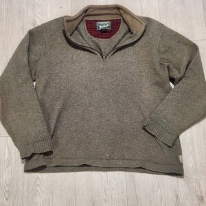 Woolrich Men's Zip-Up Sweater in Earthy Green Some Wear Elbows And Near Zipper